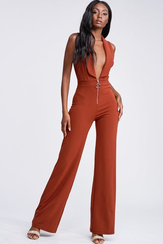 Rust Deep Plunge Sleeveless Jumpsuit