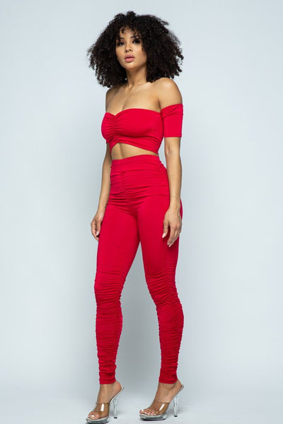 Nikki Off Shoulder Ruched Red Set