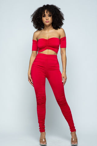 Nikki Off Shoulder Ruched Red Set