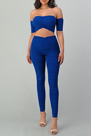 Nikki Off Shoulder Ruched Royal Blue Set
